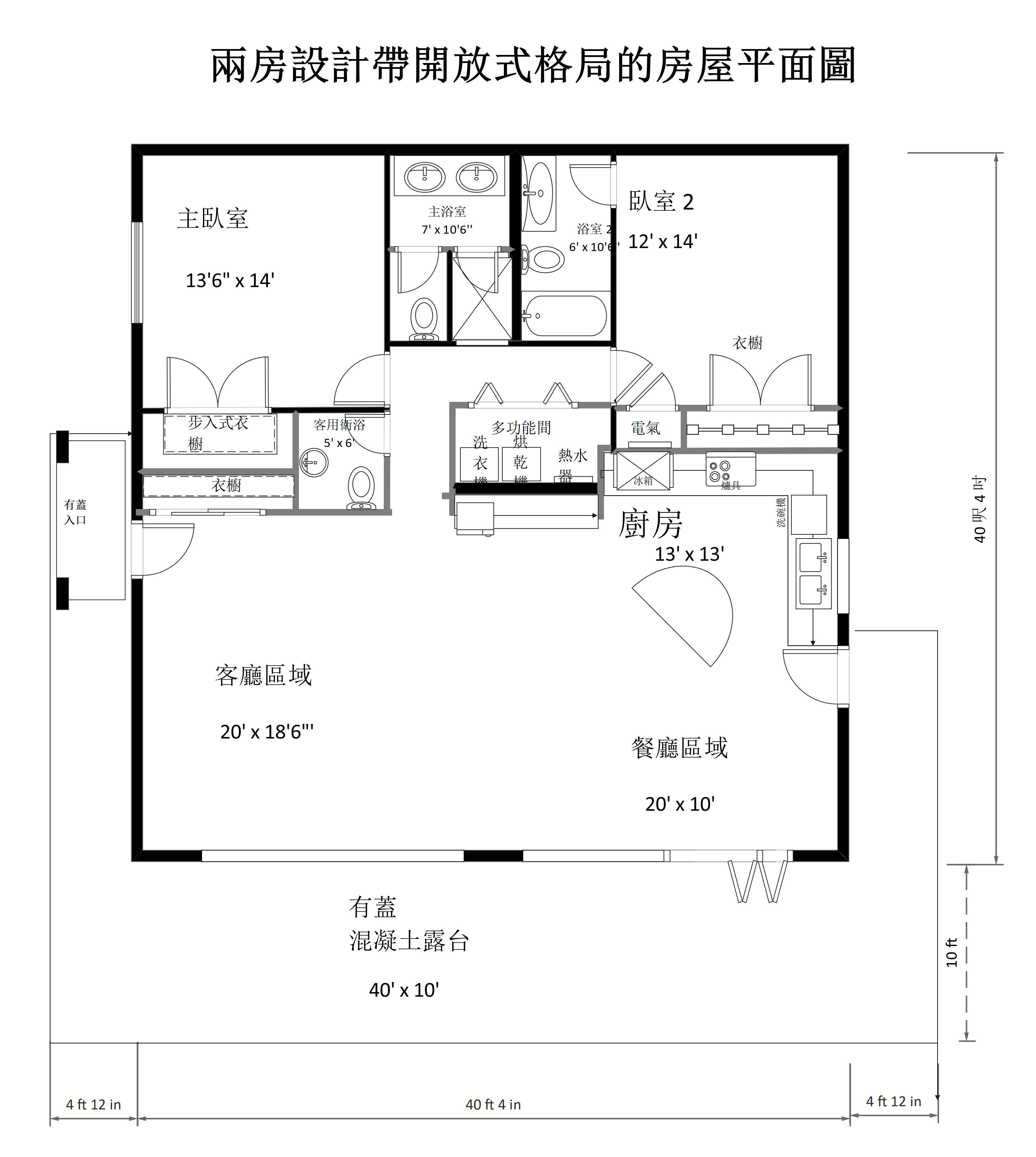 開放式平面-兩房式開放式格局平面圖