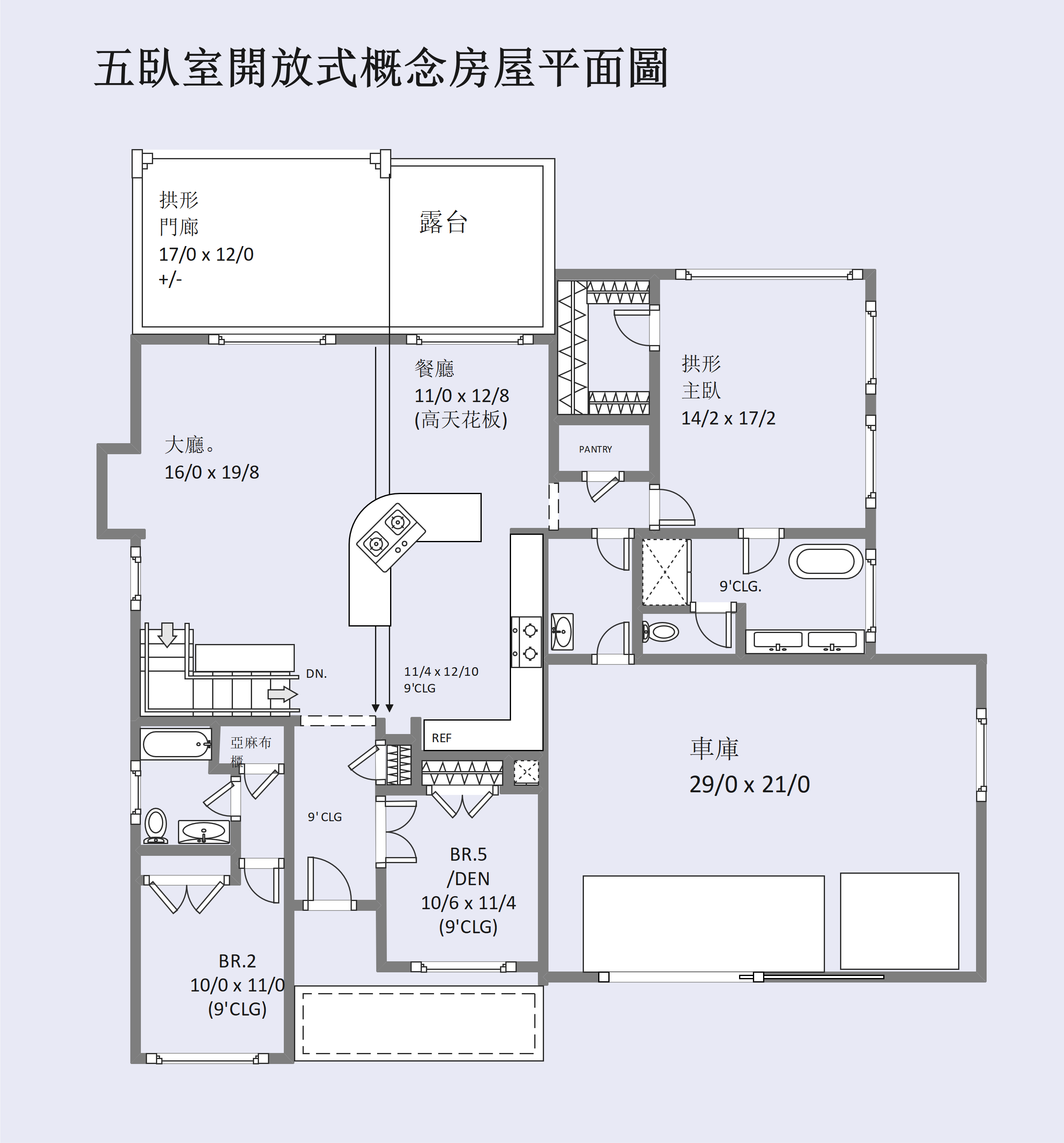 開放式格局-五房式開放式概念別墅平面圖