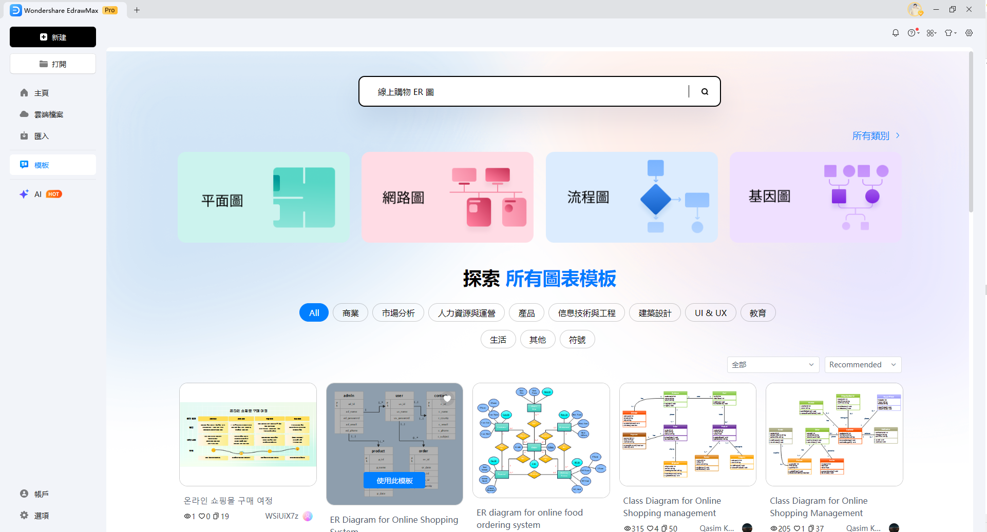 線上購物ER圖-範本社群搜尋畫面
