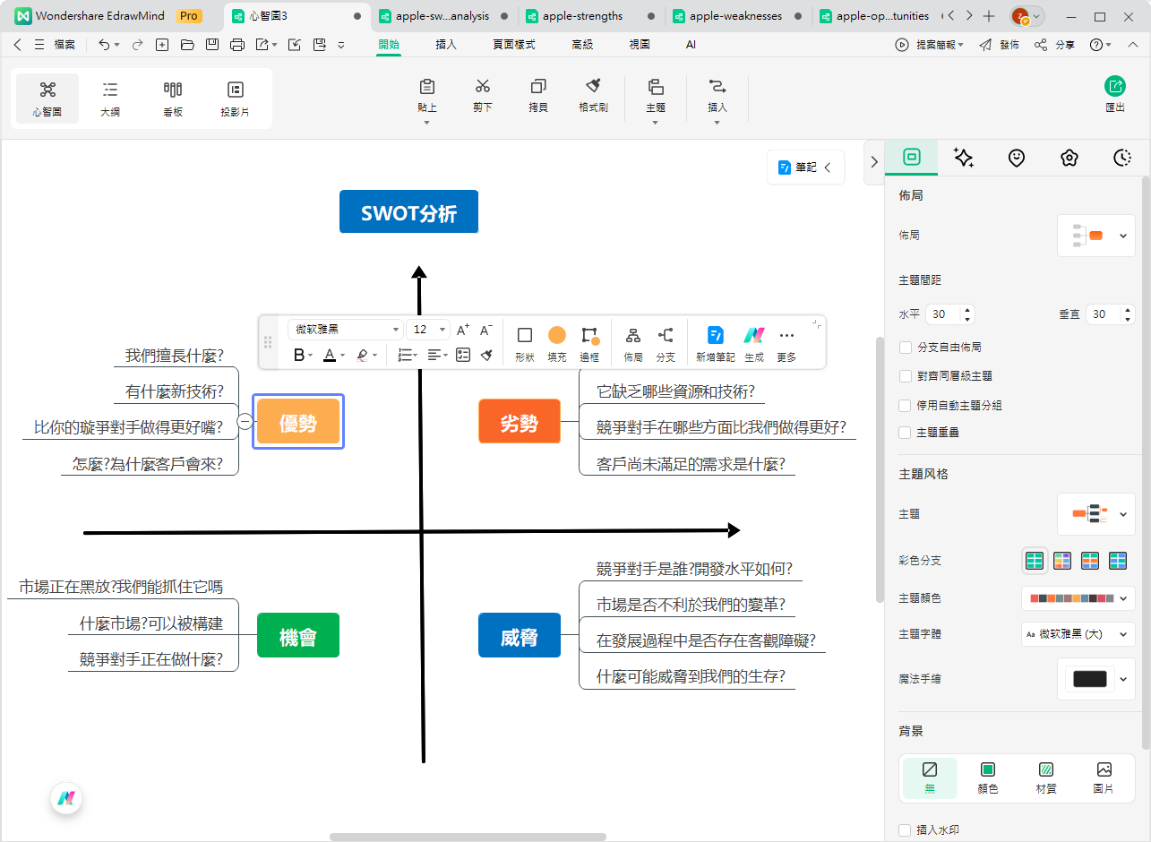 蘋果公司 SWOT 分析-EdrawMind - 套用樣式與色彩