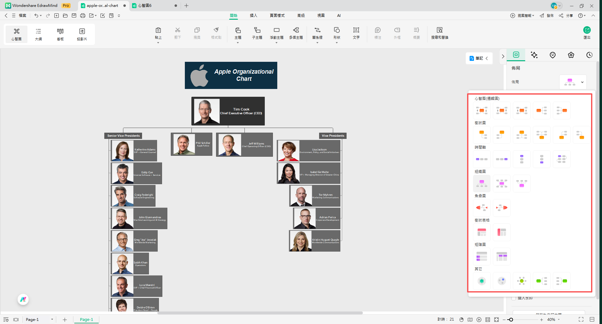 apple組織架構-EdrawMind圖表版面配置選擇