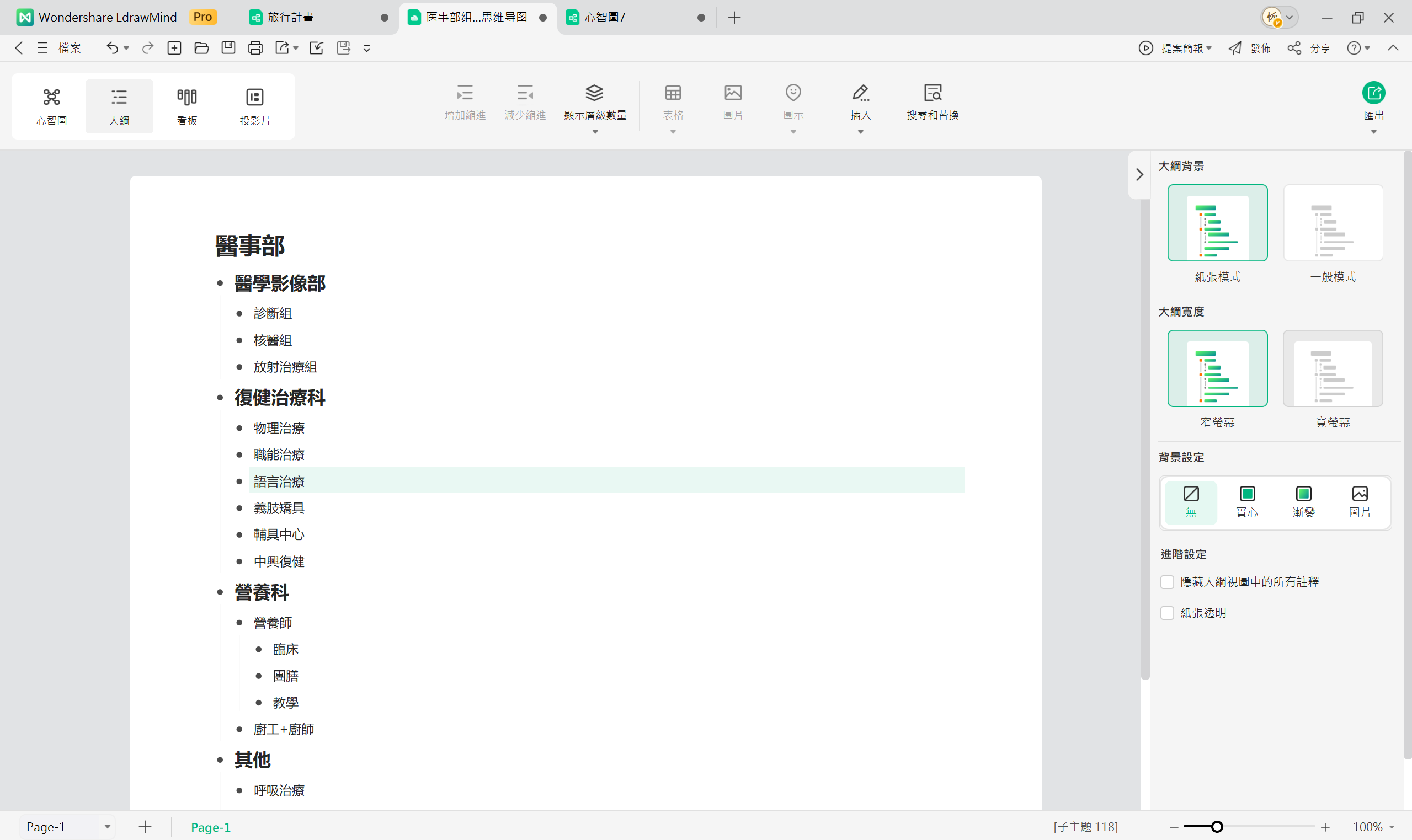 Excel 組織圖-大綱模式操作畫面