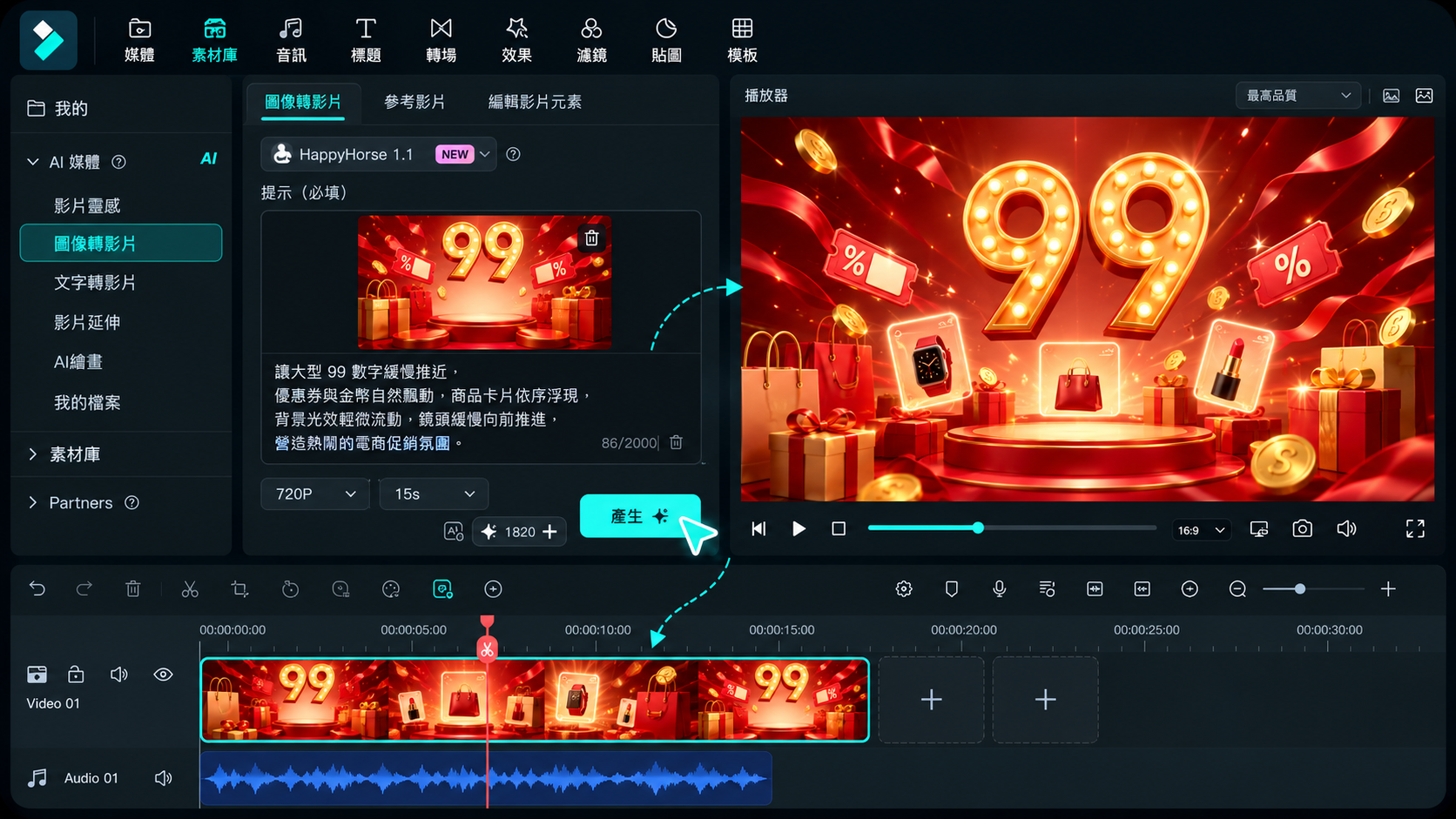 將 99購物節促銷海報轉換成動態影片