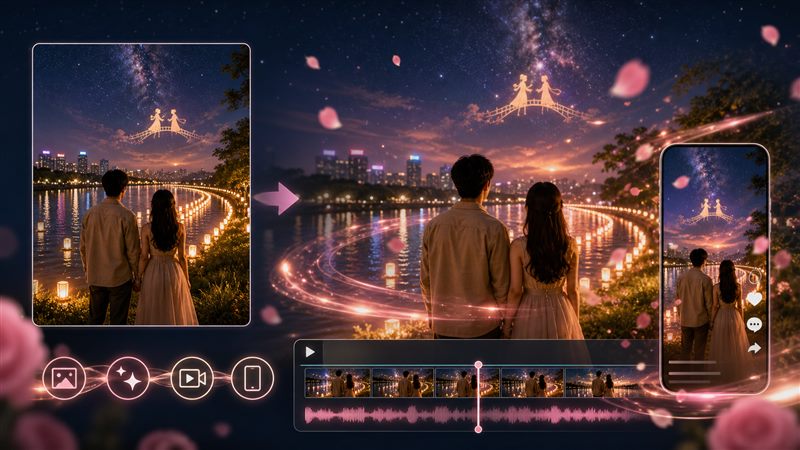 Filmora AI 圖片轉影片製作七夕短影片片頭示意圖