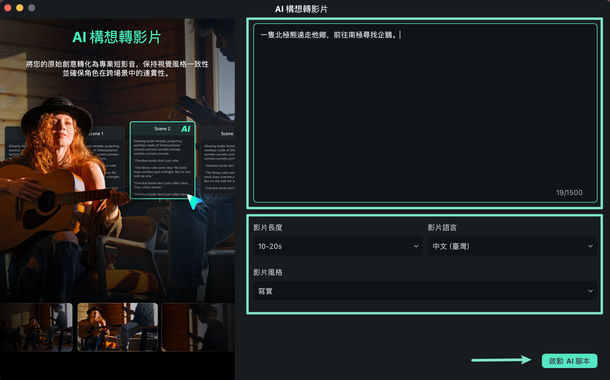 輸入影片構想與偏好設定畫面