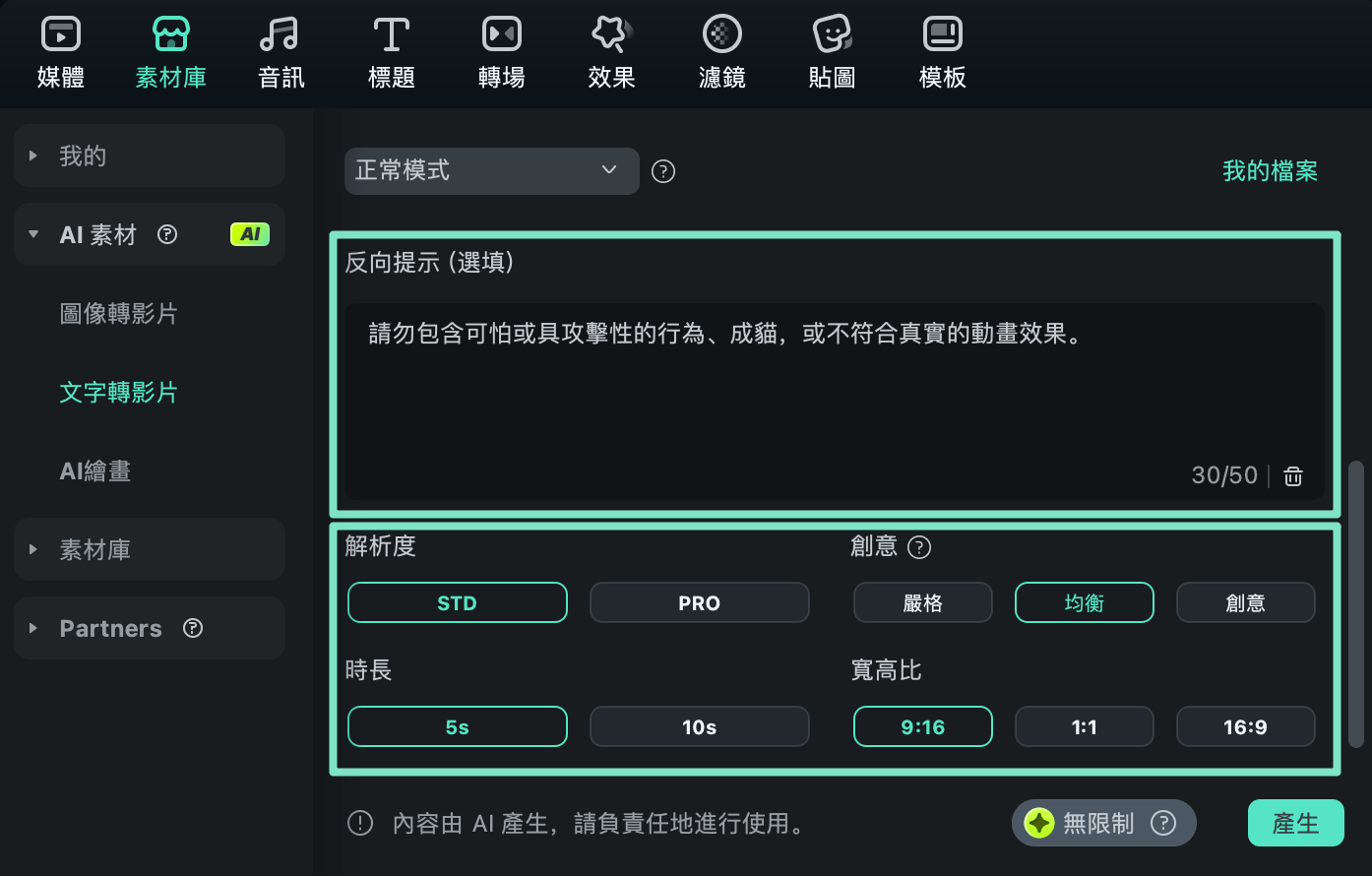 設定其他參數並開始生成影片