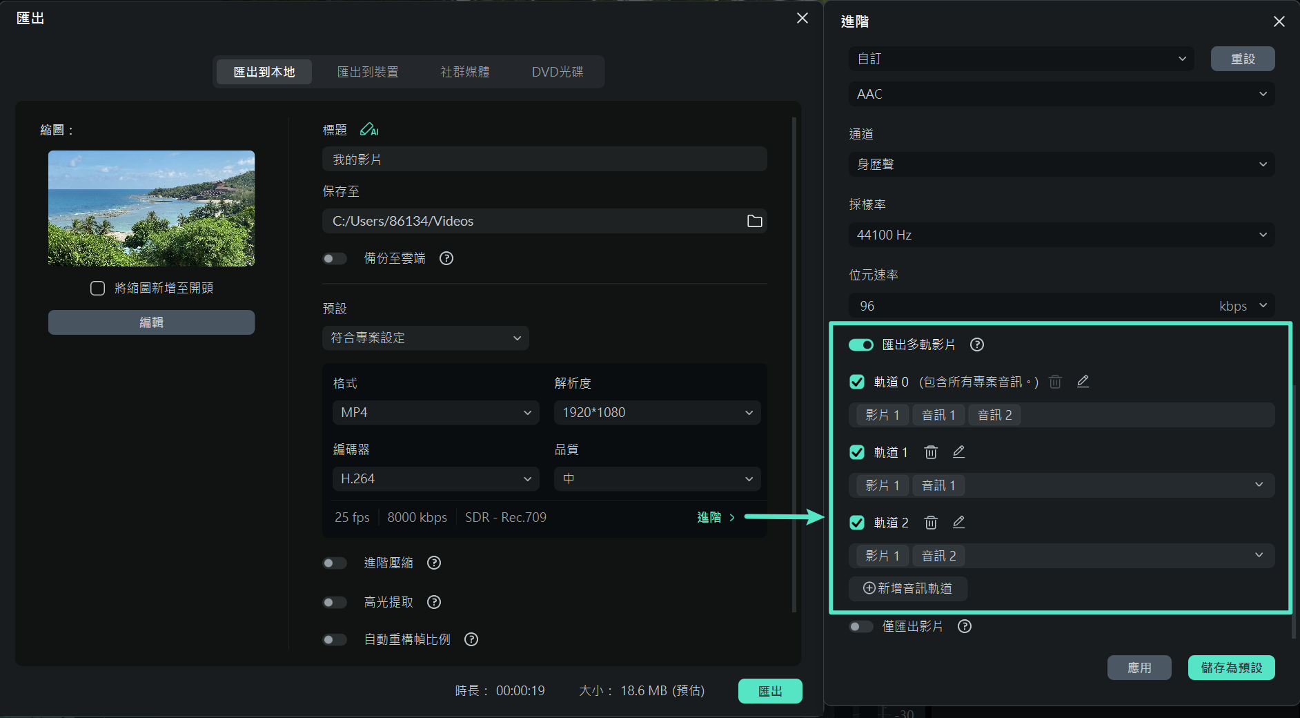 啟用多軌影片匯出功能