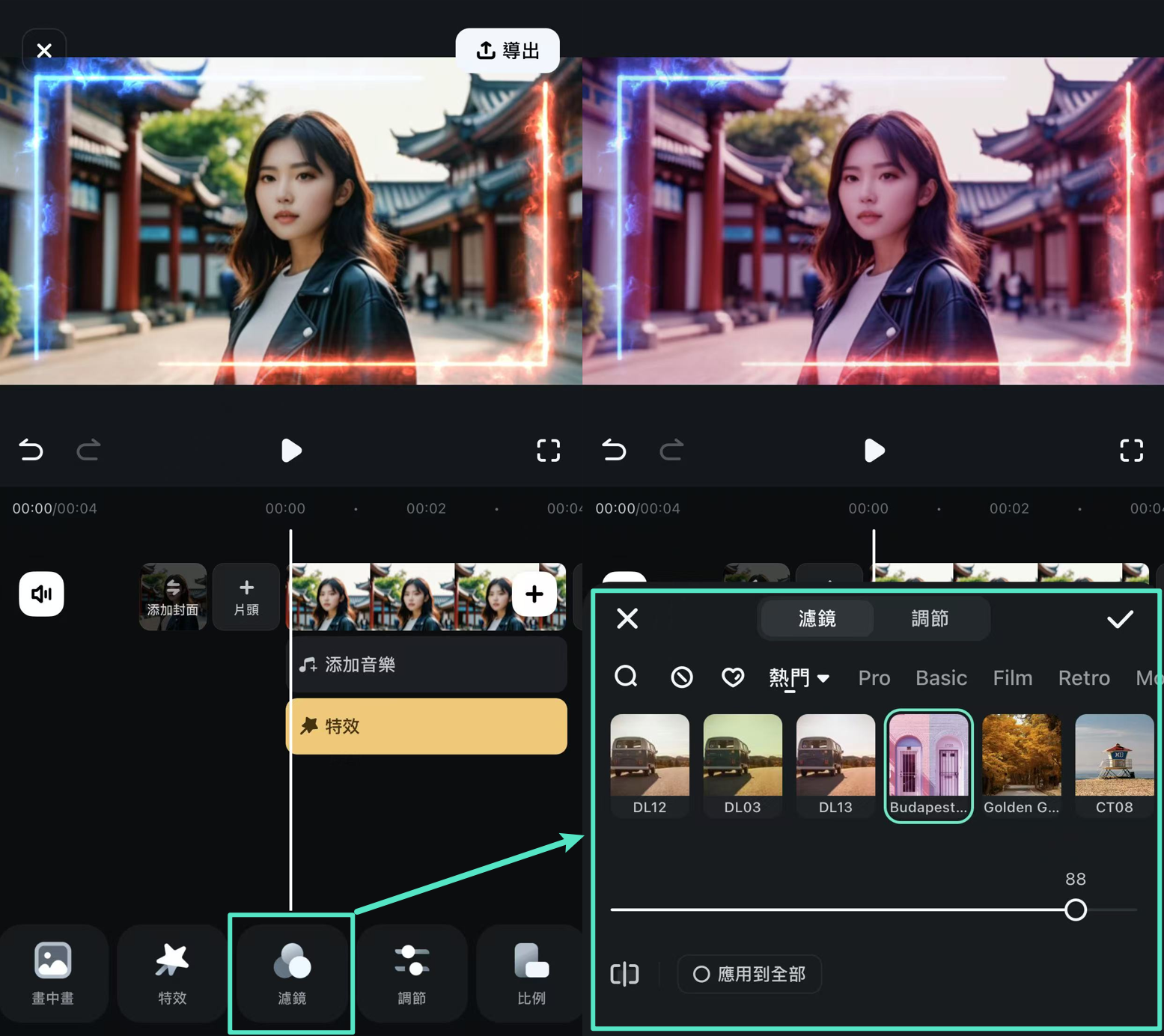 Filmora 濾鏡、貼圖和動畫特效效果示意