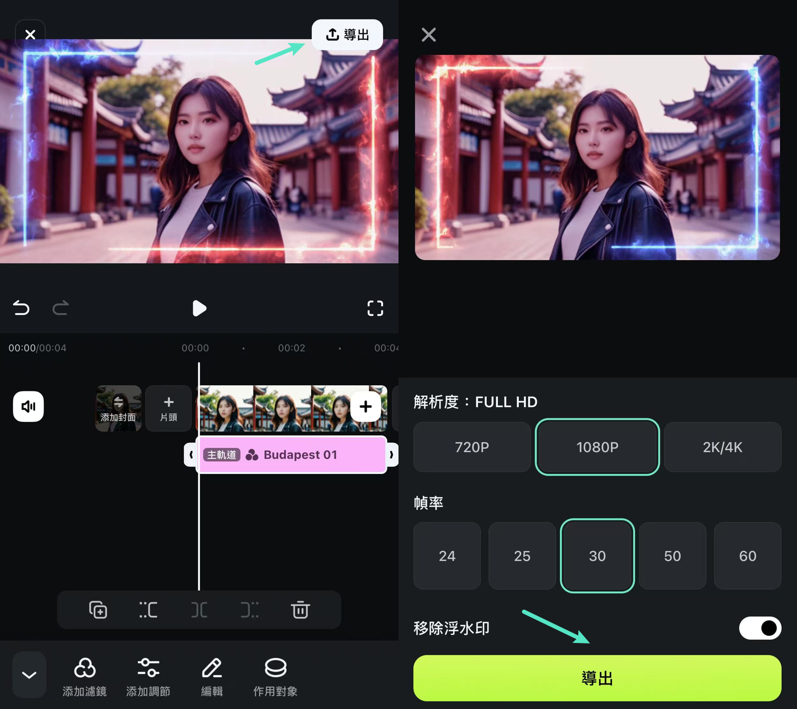 Filmora 完成 IG 特效套用後的作品預覽畫面