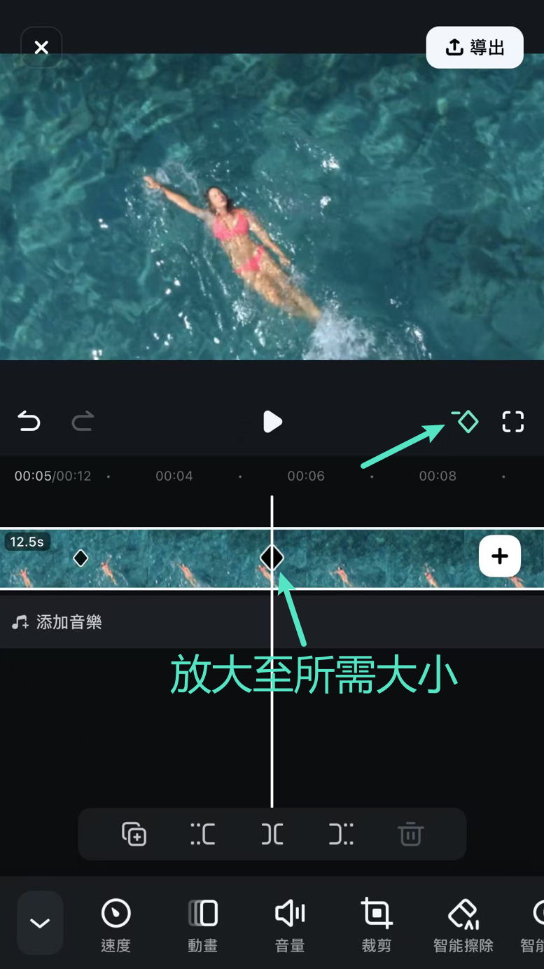 Filmora App 影片放大操作示意